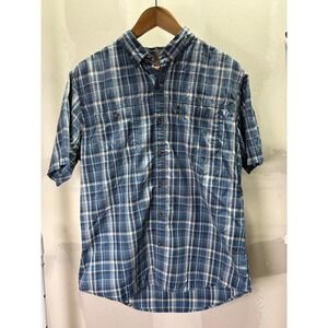 GH Bass Mens Short Sleeve Plaid Button Down Shirt Blue L Mesh Back Vent Pocket